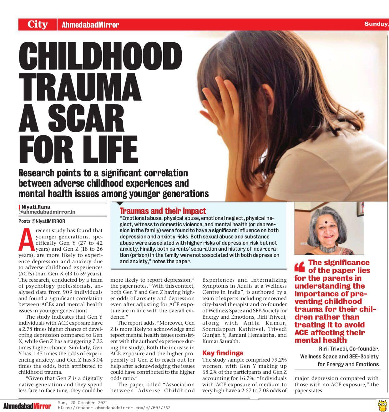 Ahmedabad Mirror - Childhood trauma research in India