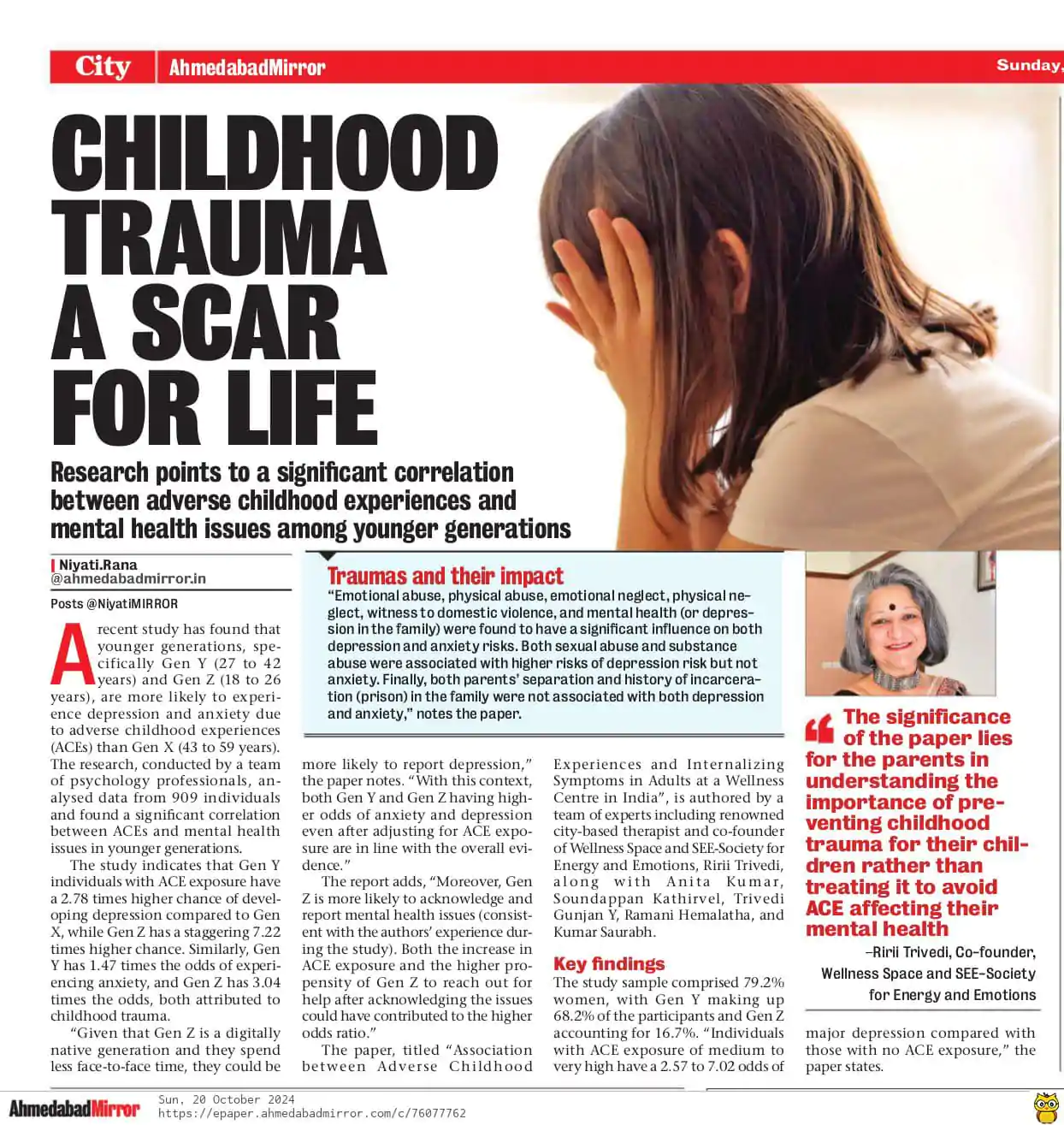Ahmedabad Mirror - Childhood trauma research in India